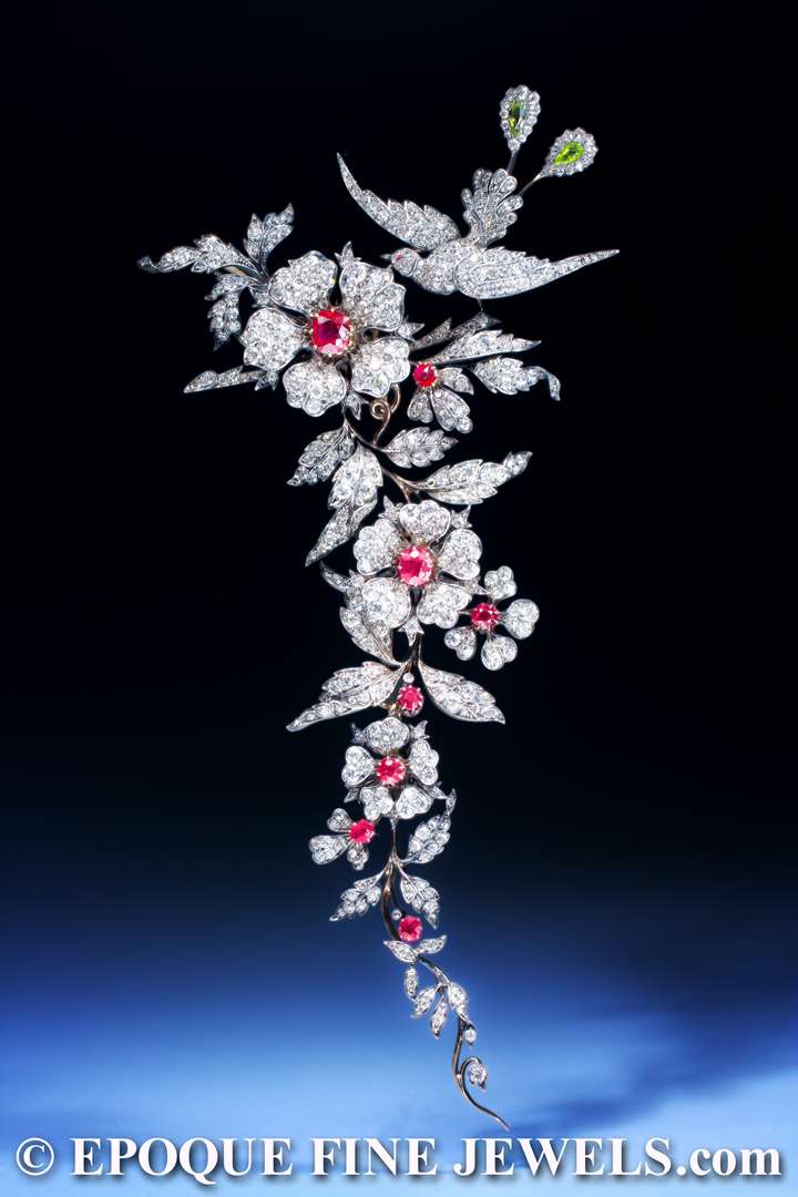 An important 19th century ruby and diamond branch brooch